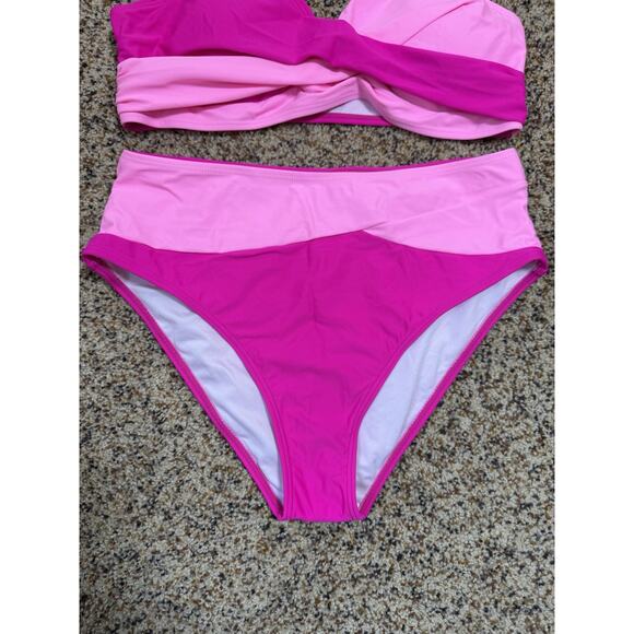 Women's Twist Front High Waisted‎ V-Neck Bikini Set Pink Size Large - Picture 5 of 7